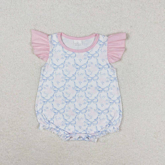 Baby Girls Blue Bows Flutter Sleeve Summer Rompers: 3-6M