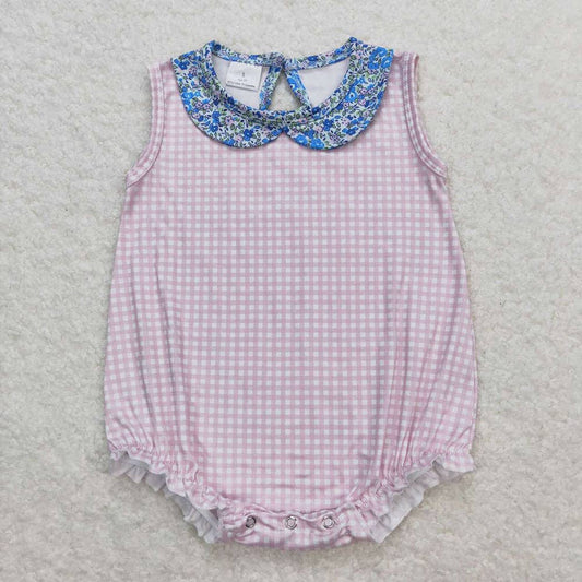 Baby Infant Girls Pink Checkered Blue Floral Collar Rompers: 6-12M