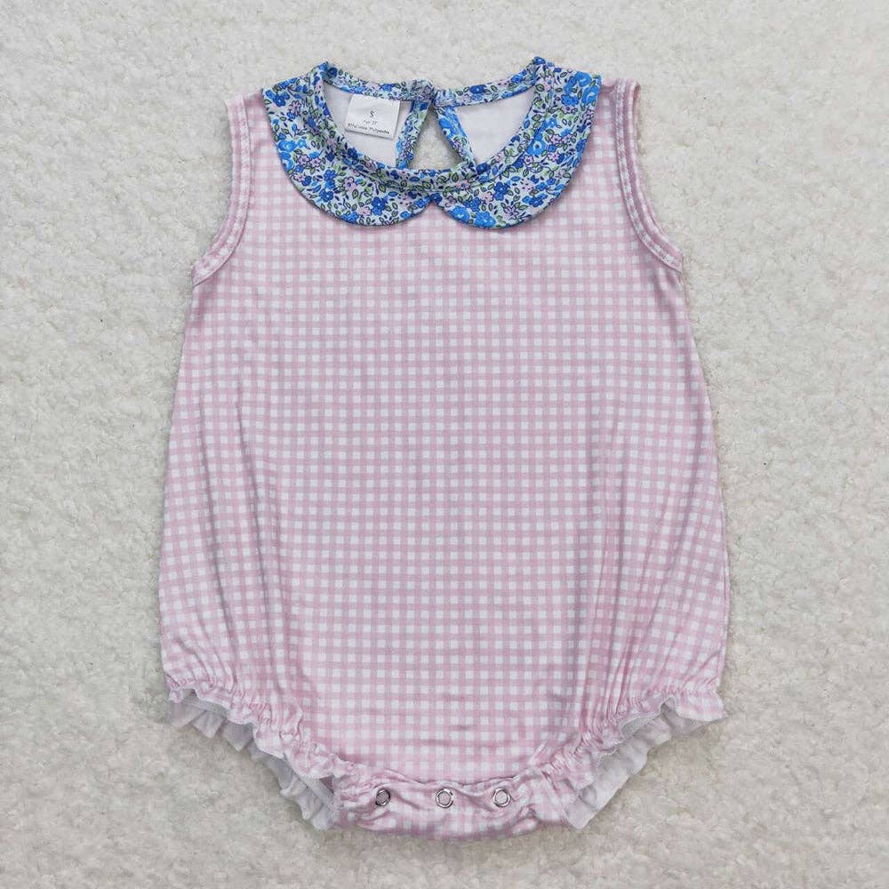 Baby Infant Girls Pink Checkered Blue Floral Collar Rompers: 2T