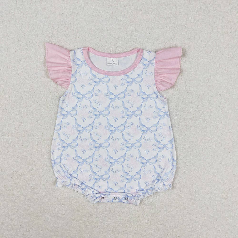 Baby Girls Blue Bows Flutter Sleeve Summer Rompers: 3-6M